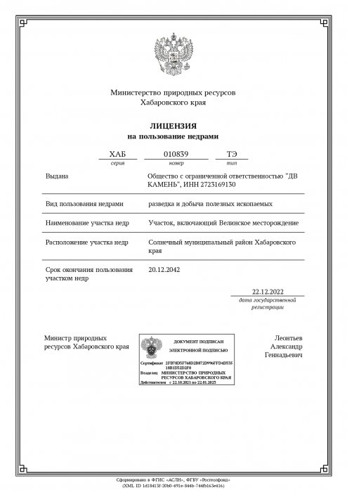 Лицензия карьер Велинский